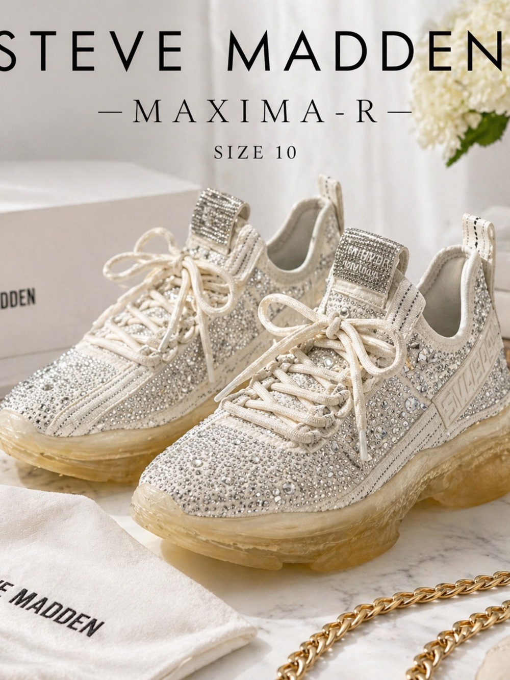 Steve Madden Maxima-R Rhinestone Sneakers White Chunky Platform Size 10 - Picture 7 of 7